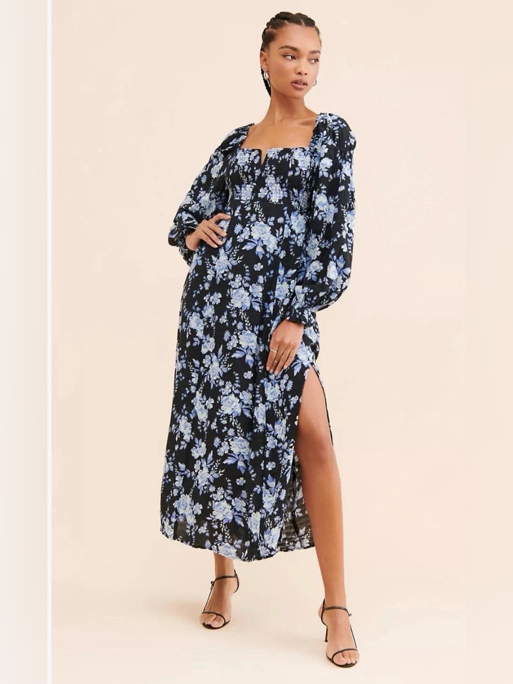 Free People Jaymes Midi Dress Sz Med Floral Long Sleeve Blue Black Smocked